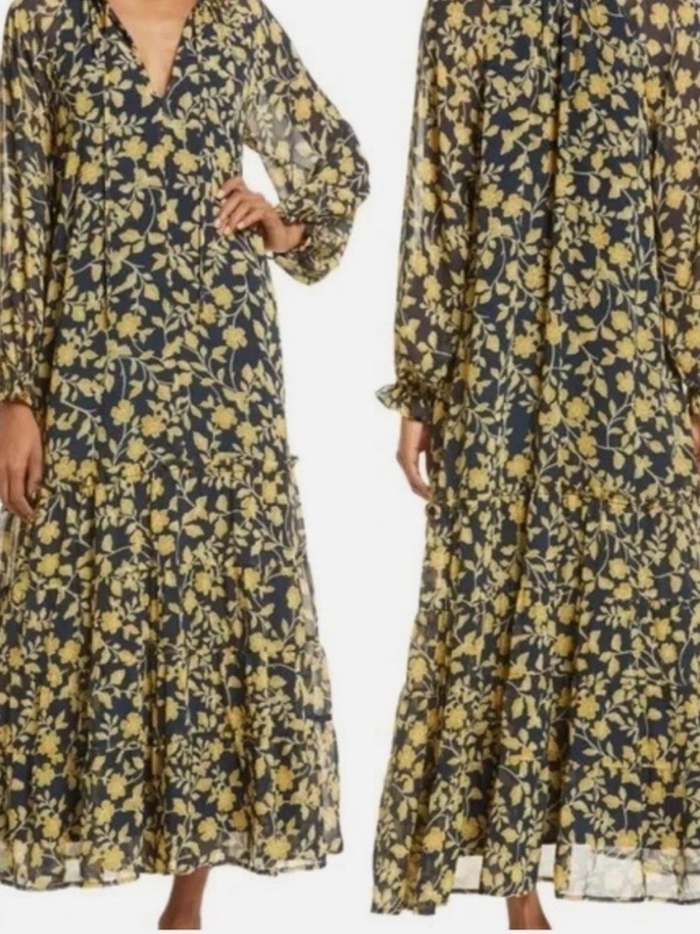 Lost + Wander Navy Long Sleeve Maxi Dress with Yellow Floral Print